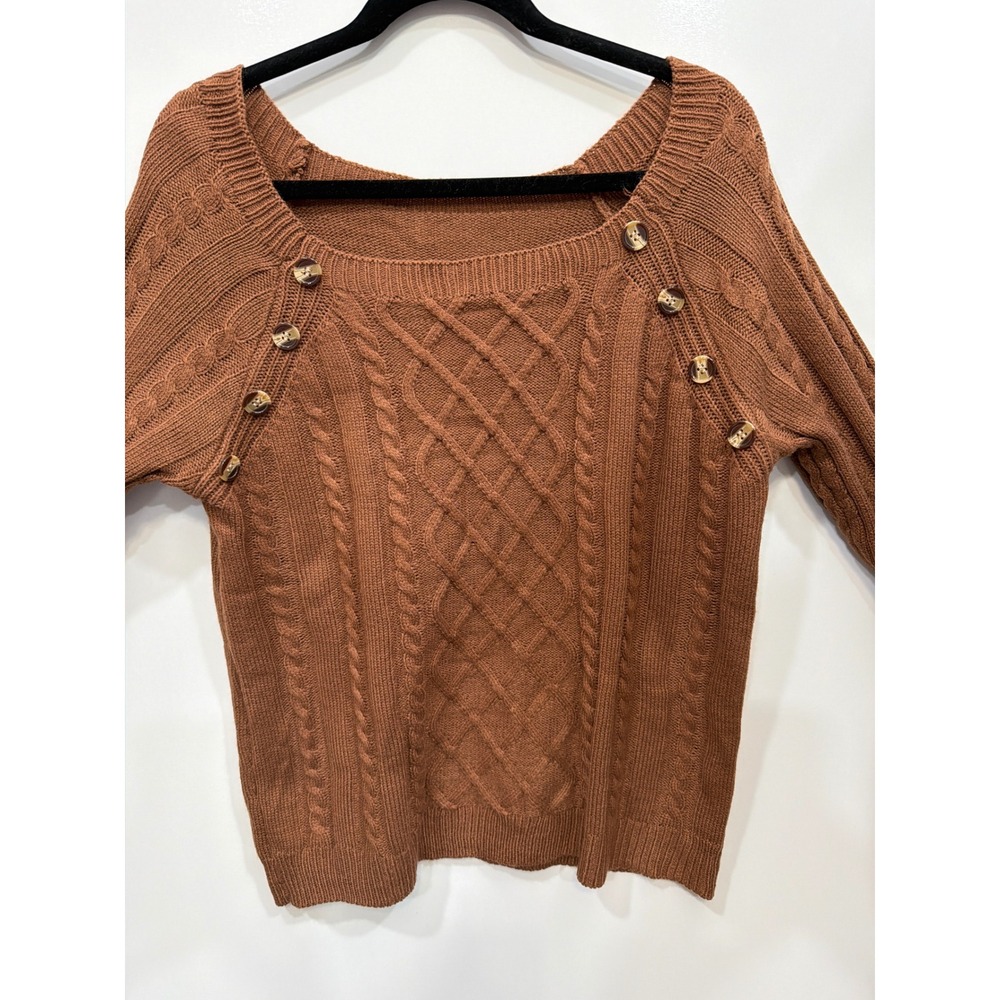 Brown Cable‎ Knit Square Neck Sweater Size L
